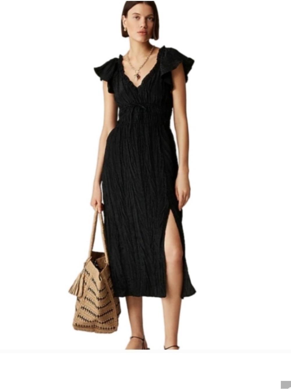 NWT J Crew Palermo Black Flutter Sleeve V-Neck Maxi Dress size XXS